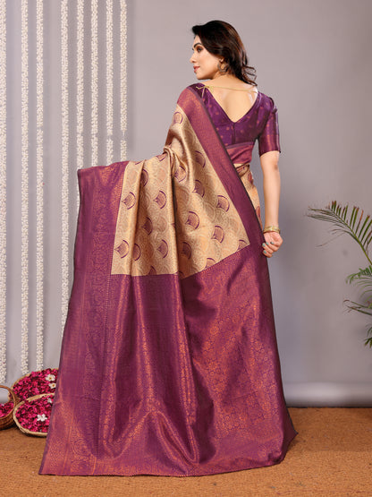 Cream-Wine Pure Soft Banarasi Silk Saree With Engrossing Blouse Piece