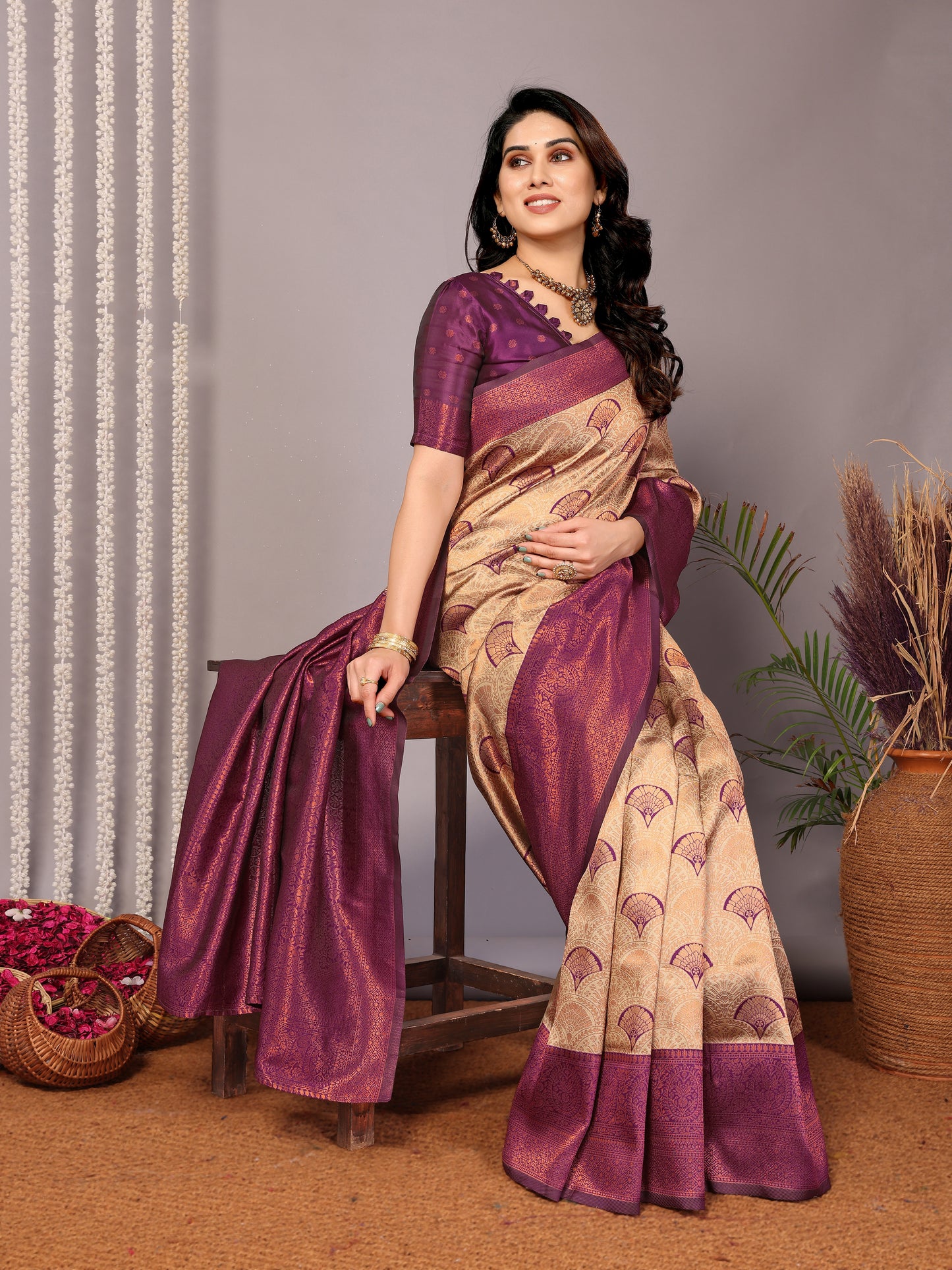 Cream-Wine Pure Soft Banarasi Silk Saree With Engrossing Blouse Piece