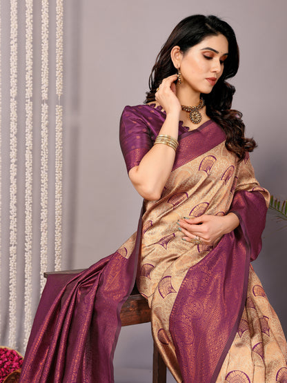 Cream-Wine Pure Soft Banarasi Silk Saree With Engrossing Blouse Piece