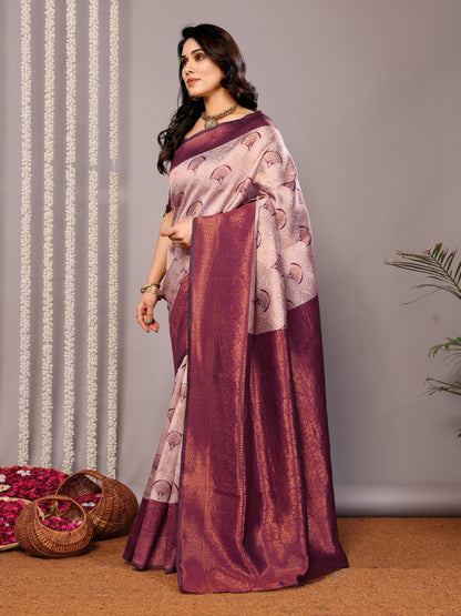 WIne Pure Soft Banarasi Silk Saree With Engrossing Blouse Piece