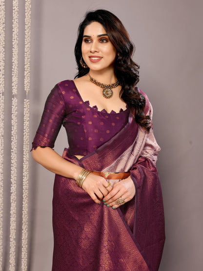 WIne Pure Soft Banarasi Silk Saree With Engrossing Blouse Piece