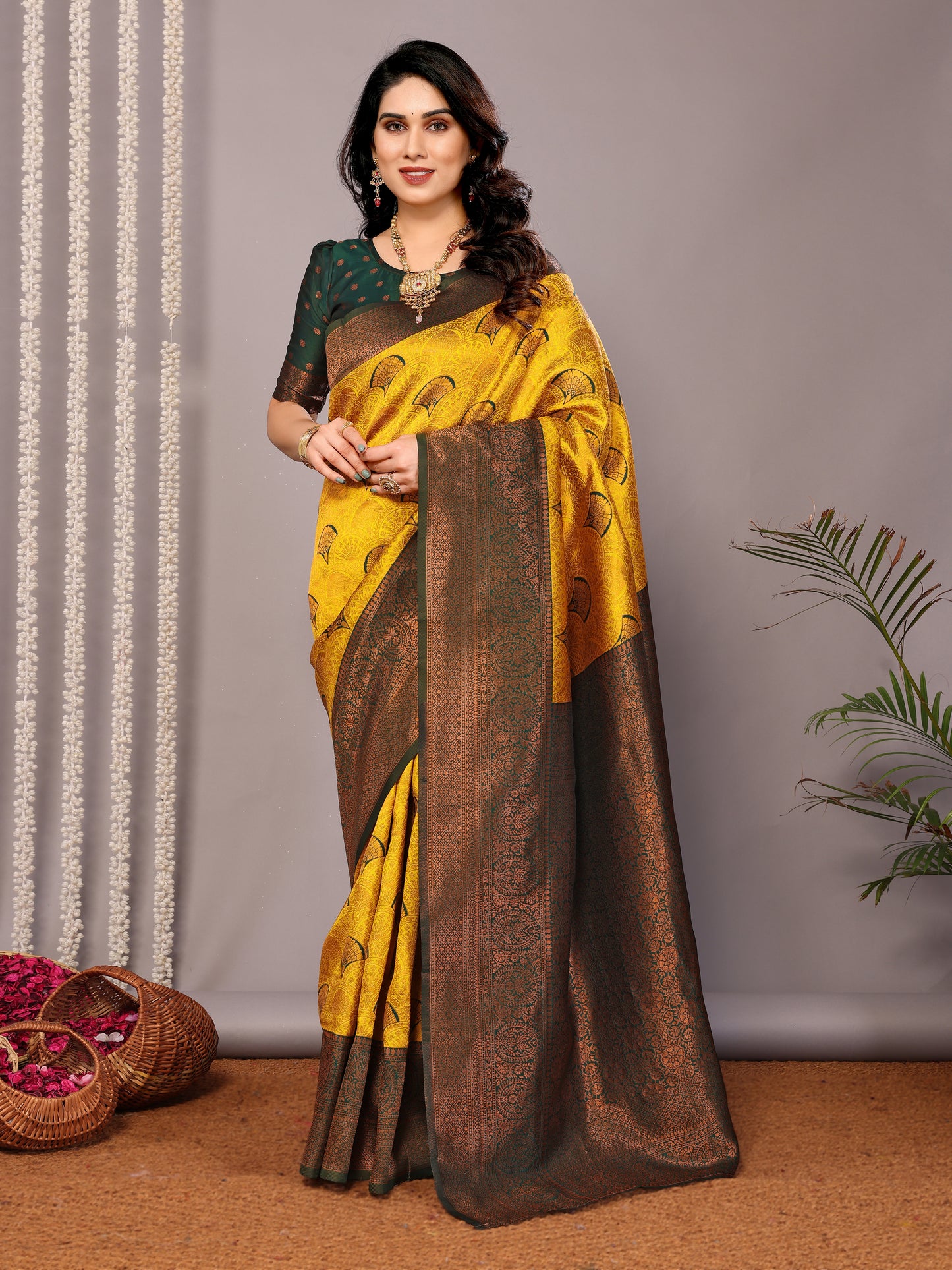 Yellow Green Pure Soft Banarasi Silk Saree With Engrossing Blouse Piece