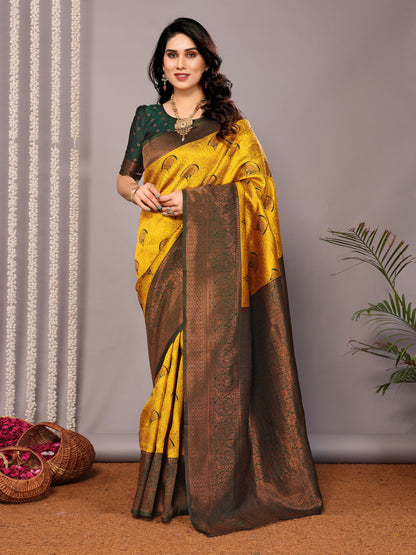 Yellow Green Pure Soft Banarasi Silk Saree With Engrossing Blouse Piece