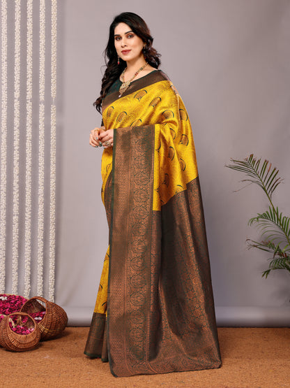 Yellow Green Pure Soft Banarasi Silk Saree With Engrossing Blouse Piece