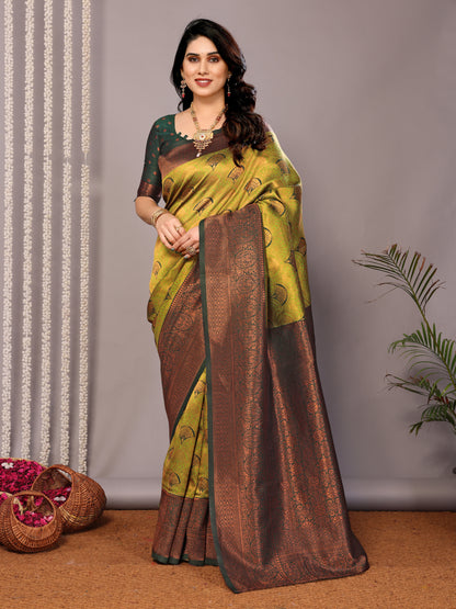 Pista-Green Pure Soft Banarasi Silk Saree With Engrossing Blouse Piece