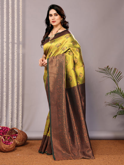 Pista-Green Pure Soft Banarasi Silk Saree With Engrossing Blouse Piece