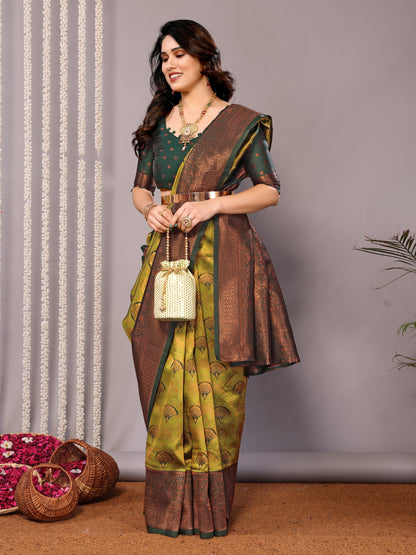 Pista-Green Pure Soft Banarasi Silk Saree With Engrossing Blouse Piece