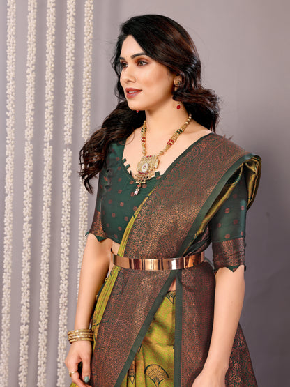 Pista-Green Pure Soft Banarasi Silk Saree With Engrossing Blouse Piece