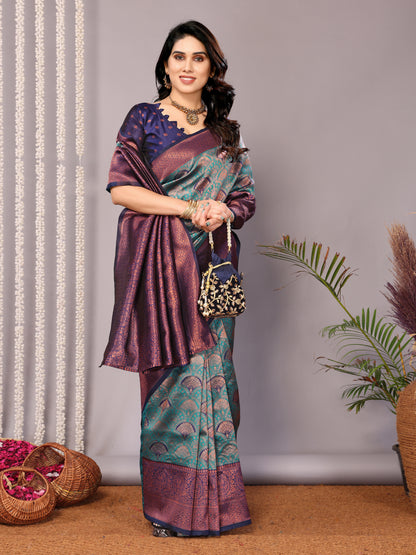 Rama-Neavy-Blue Pure Soft Banarasi Silk Saree With Engrossing Blouse Piece