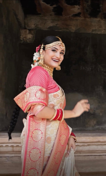 White & Pink Banarasi Pure Soft Semi Silk Saree With Unstiched Attractive Blouse Piece