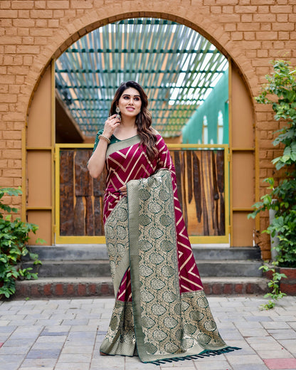 Wine & Green Banarasi Pure Soft Semi Silk Saree With Unstiched Attractive Blouse Piece