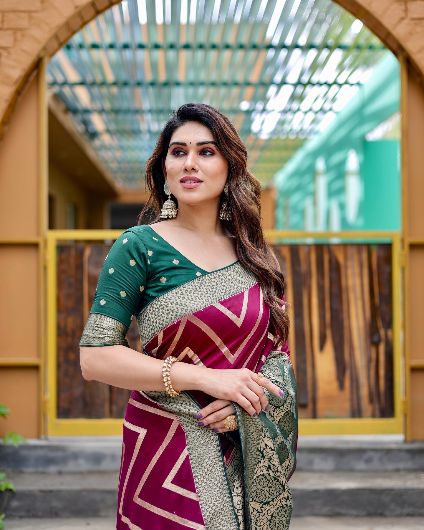 Wine & Green Banarasi Pure Soft Semi Silk Saree With Unstiched Attractive Blouse Piece