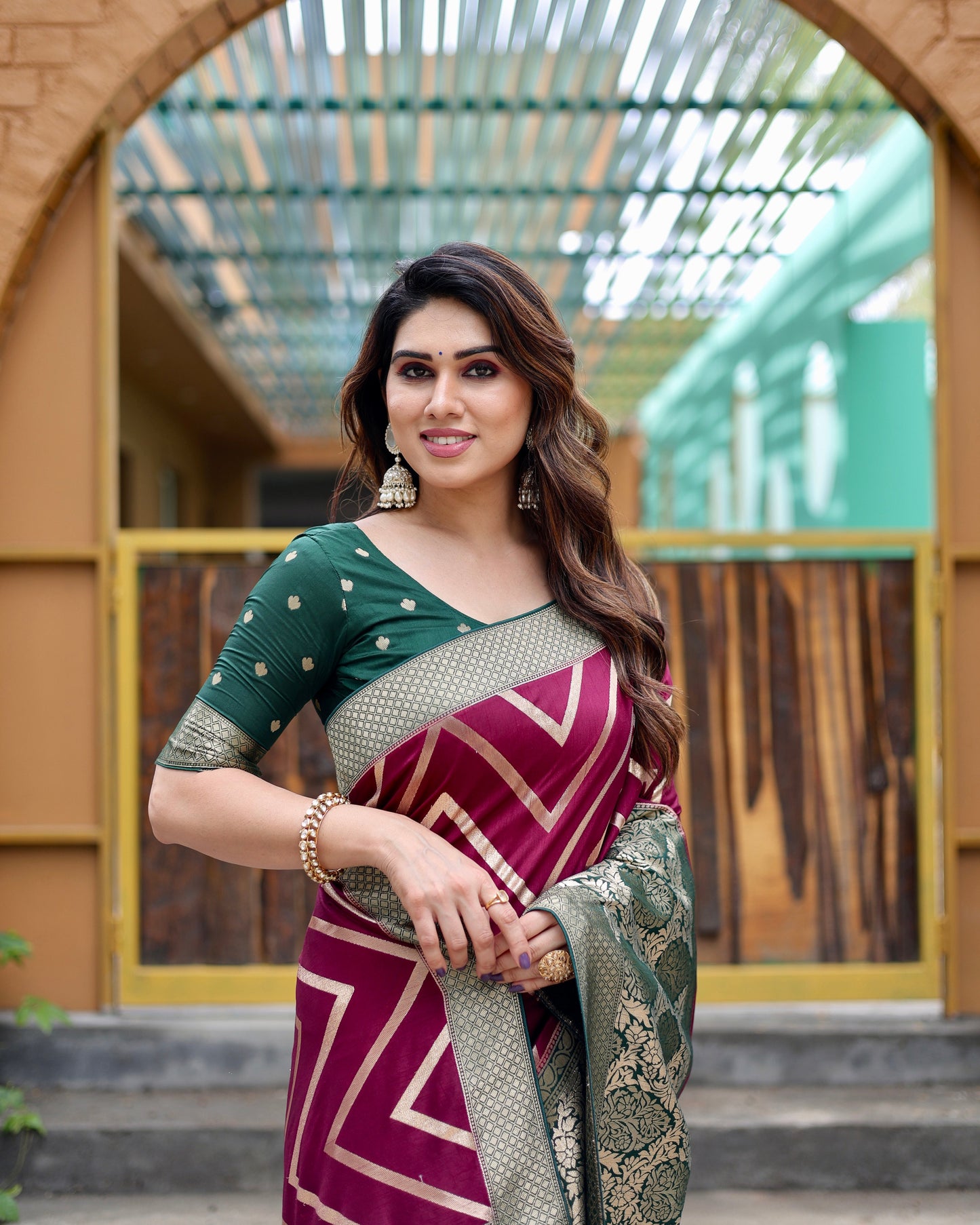 Wine & Green Banarasi Pure Soft Semi Silk Saree With Unstiched Attractive Blouse Piece