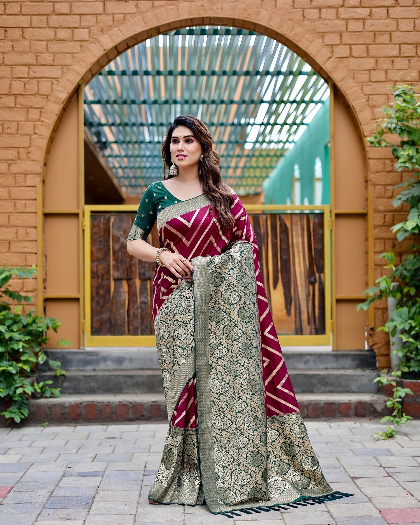 Wine & Green Banarasi Pure Soft Semi Silk Saree With Unstiched Attractive Blouse Piece