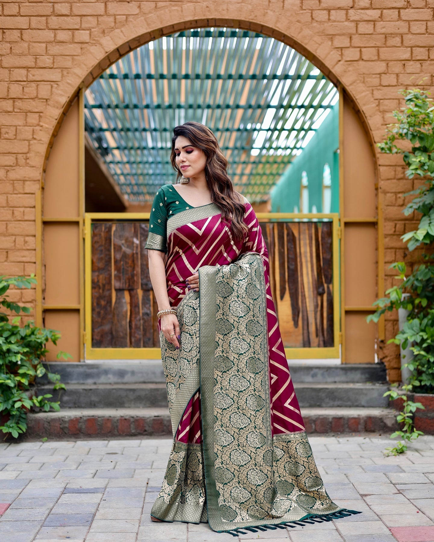 Wine & Green Banarasi Pure Soft Semi Silk Saree With Unstiched Attractive Blouse Piece