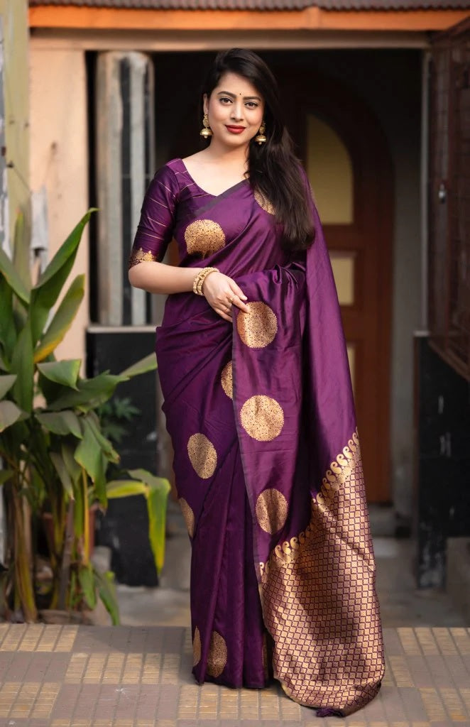 Wine Banarasi Pure Soft Semi Silk Saree With Unstiched Attractive Blouse Piece