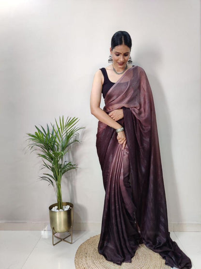 Wine Ready to Wear Chiffon Saree With Unstitched Blouse Piece