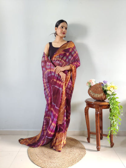 Wine Ready to Wear Chiffon Saree With Unstitched Blouse Piece