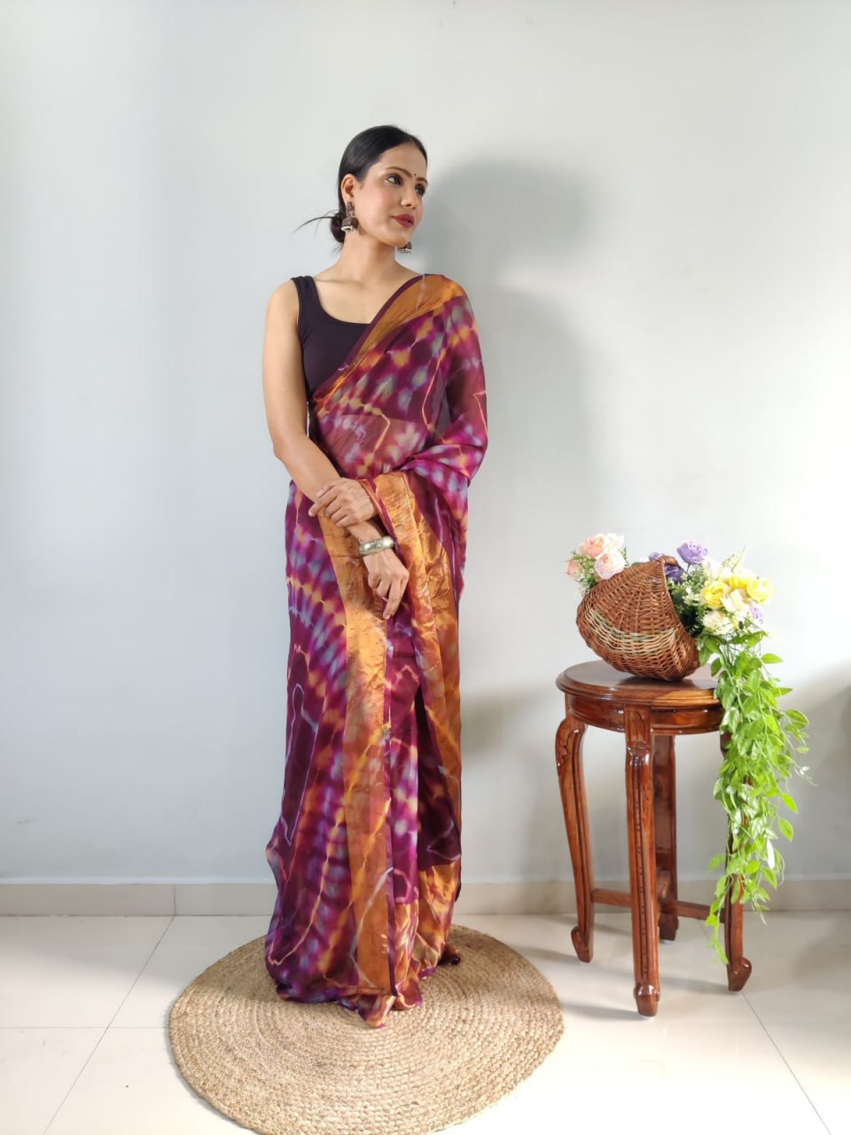 Wine Ready to Wear Chiffon Saree With Unstitched Blouse Piece