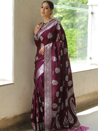 Wine Kanjivaram Pure Soft Semi Silk Saree With Unstiched Attractive Blouse Piece