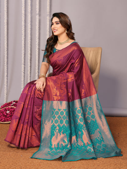 WINE PURE SOFT SILK SAREE WITH TWIRLING BLOUSE PIECE