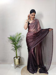 Wine Ready to Wear Chiffon Saree With Unstitched Blouse Piece