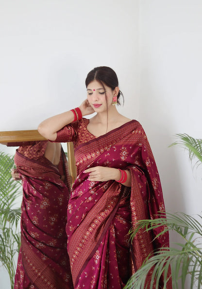 Wine Kanjivaram Pure Soft Semi Silk Saree With Unstiched Attractive Blouse Piece