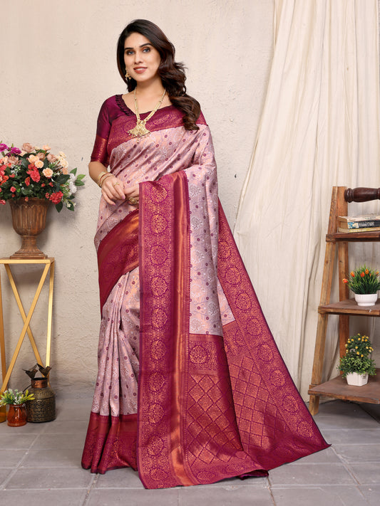 WIne Pure Soft Banarasi Silk Saree With Engrossing Blouse Piece