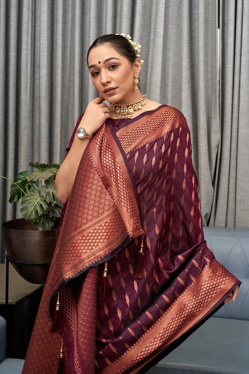 Wine Kanjivaram Pure Soft Semi Silk Saree With Unstiched Attractive Blouse Piece