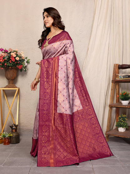 WIne Pure Soft Banarasi Silk Saree With Engrossing Blouse Piece