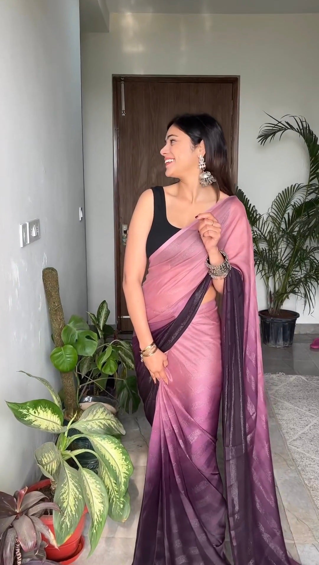 Wine Ready to Wear Chiffon Saree With Unstitched Blouse Piece