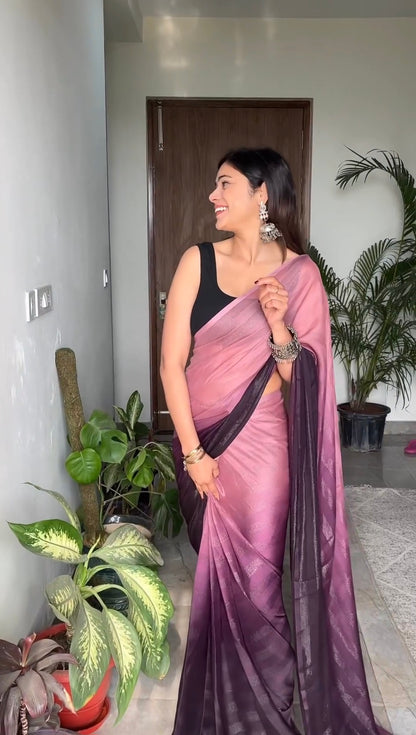 Wine Ready to Wear Chiffon Saree With Unstitched Blouse Piece