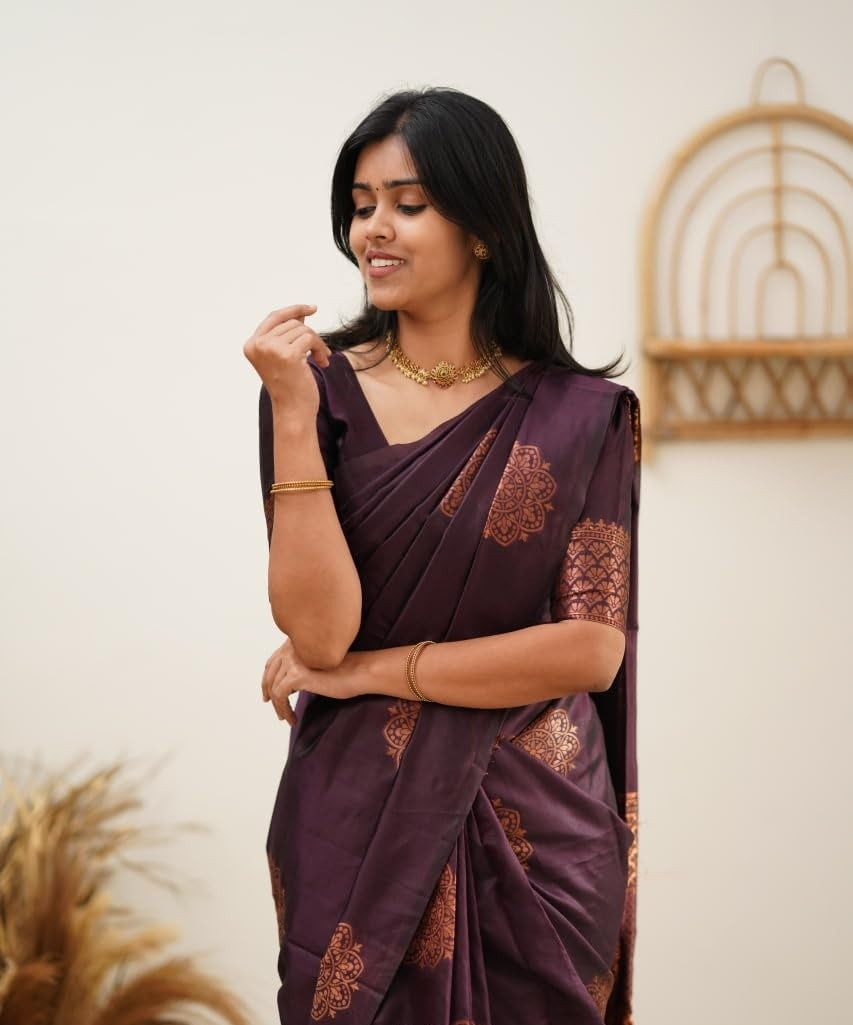 Wine Combination Pure Soft Silk Saree Stylish Blouse Piece