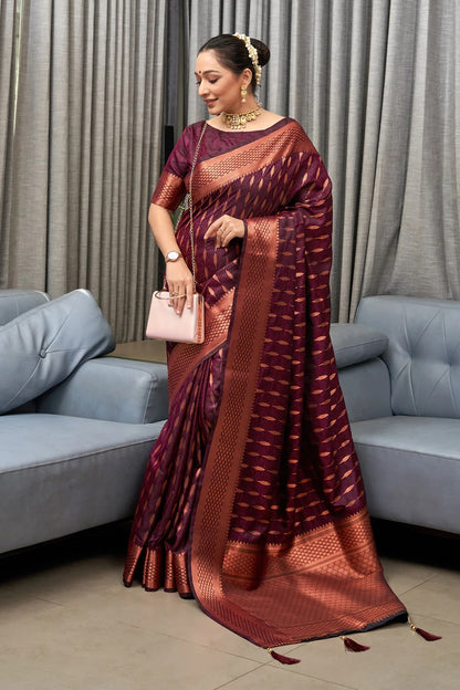 Wine Kanjivaram Pure Soft Semi Silk Saree With Unstiched Attractive Blouse Piece