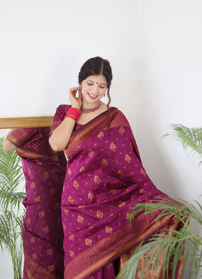 wine Kanjivaram Pure Soft Semi Silk Saree With Unstiched Attractive Blouse Piece