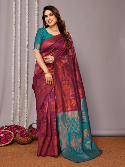 WINE PURE SOFT SILK SAREE WITH TWIRLING BLOUSE PIECE