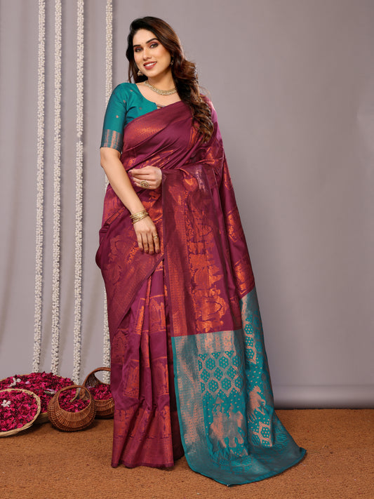 WINE PURE SOFT SILK SAREE WITH TWIRLING BLOUSE PIECE