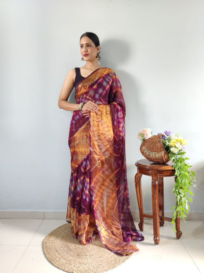 Wine Ready to Wear Chiffon Saree With Unstitched Blouse Piece