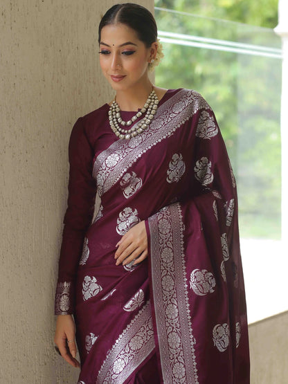 Wine Kanjivaram Pure Soft Semi Silk Saree With Unstiched Attractive Blouse Piece