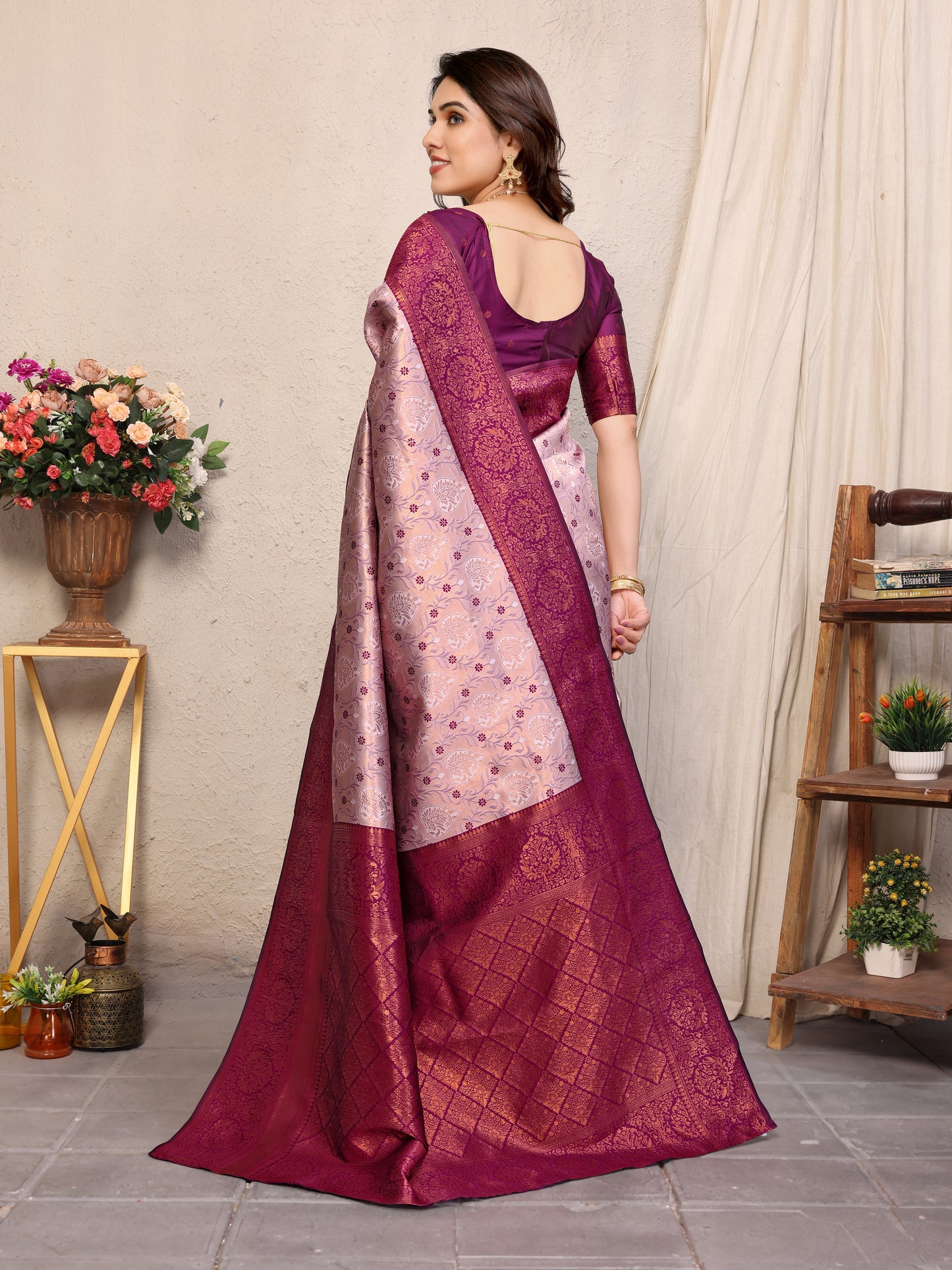 WIne Pure Soft Banarasi Silk Saree With Engrossing Blouse Piece