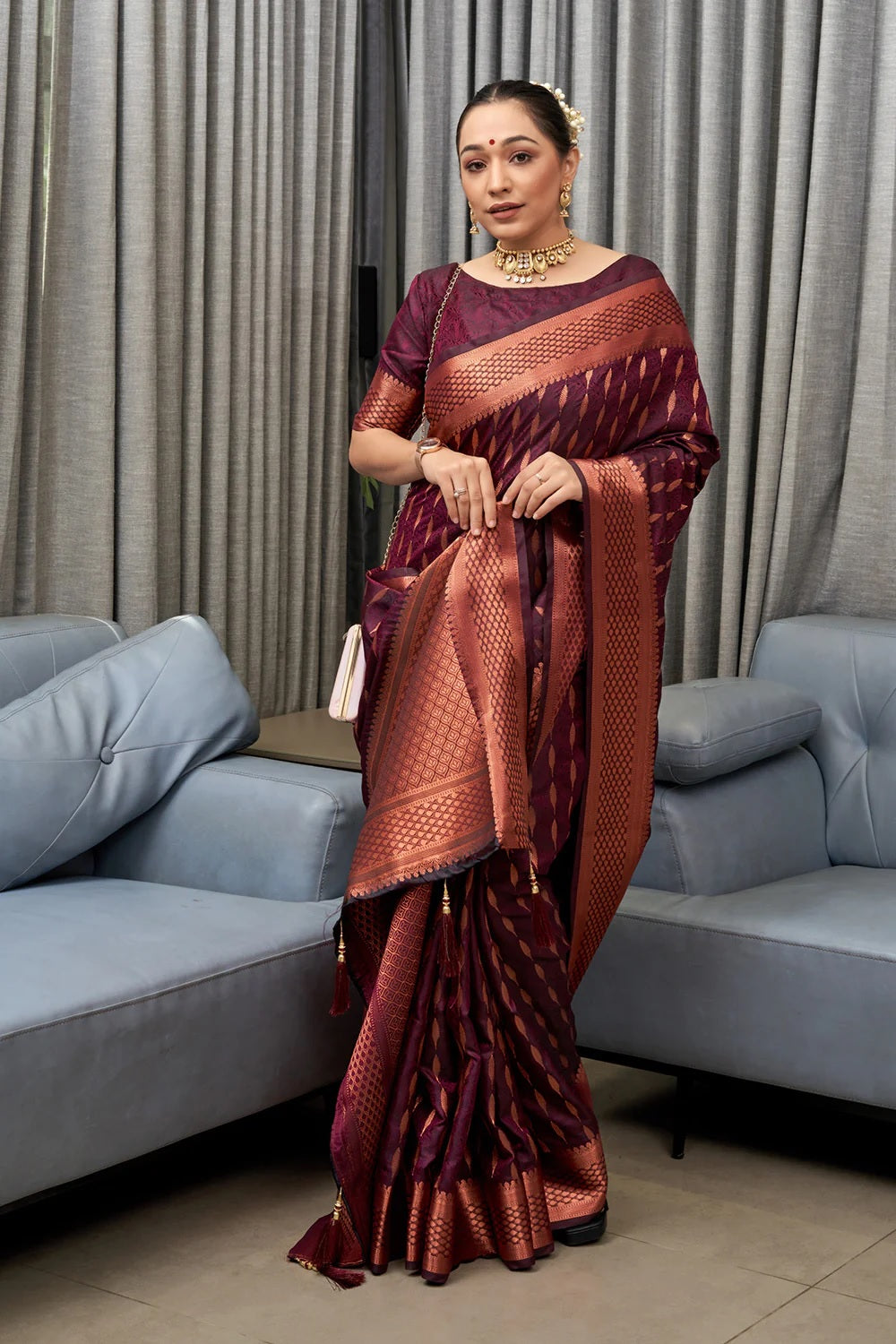 Wine Kanjivaram Pure Soft Semi Silk Saree With Unstiched Attractive Blouse Piece