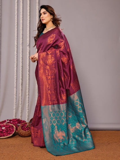 WINE PURE SOFT SILK SAREE WITH TWIRLING BLOUSE PIECE