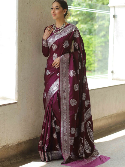 Wine Kanjivaram Pure Soft Semi Silk Saree With Unstiched Attractive Blouse Piece