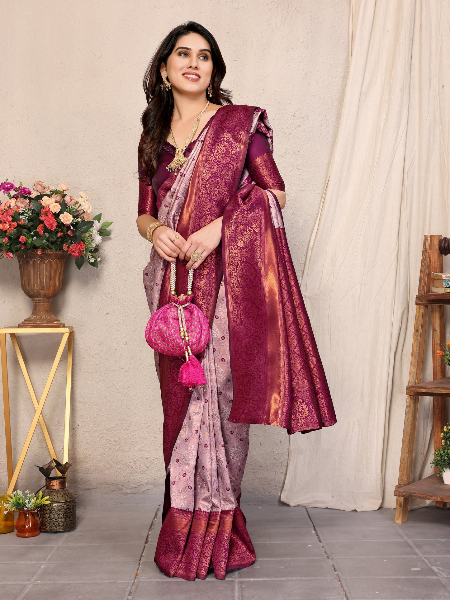 WIne Pure Soft Banarasi Silk Saree With Engrossing Blouse Piece