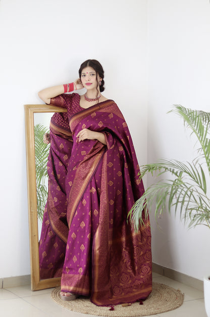 wine Kanjivaram Pure Soft Semi Silk Saree With Unstiched Attractive Blouse Piece