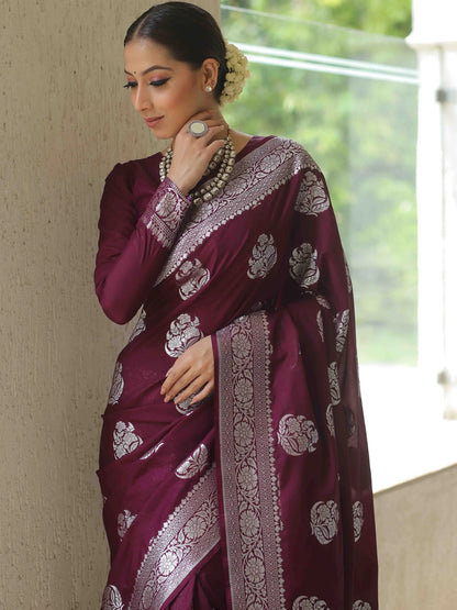 Wine Kanjivaram Pure Soft Semi Silk Saree With Unstiched Attractive Blouse Piece