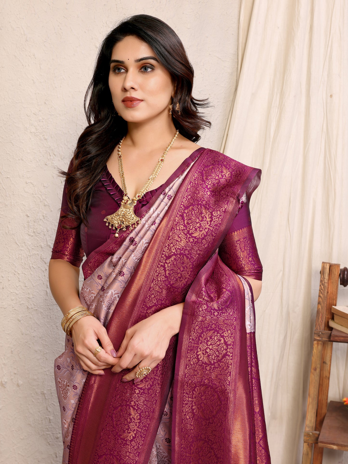 WIne Pure Soft Banarasi Silk Saree With Engrossing Blouse Piece