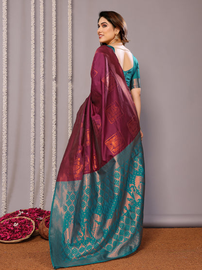 WINE PURE SOFT SILK SAREE WITH TWIRLING BLOUSE PIECE