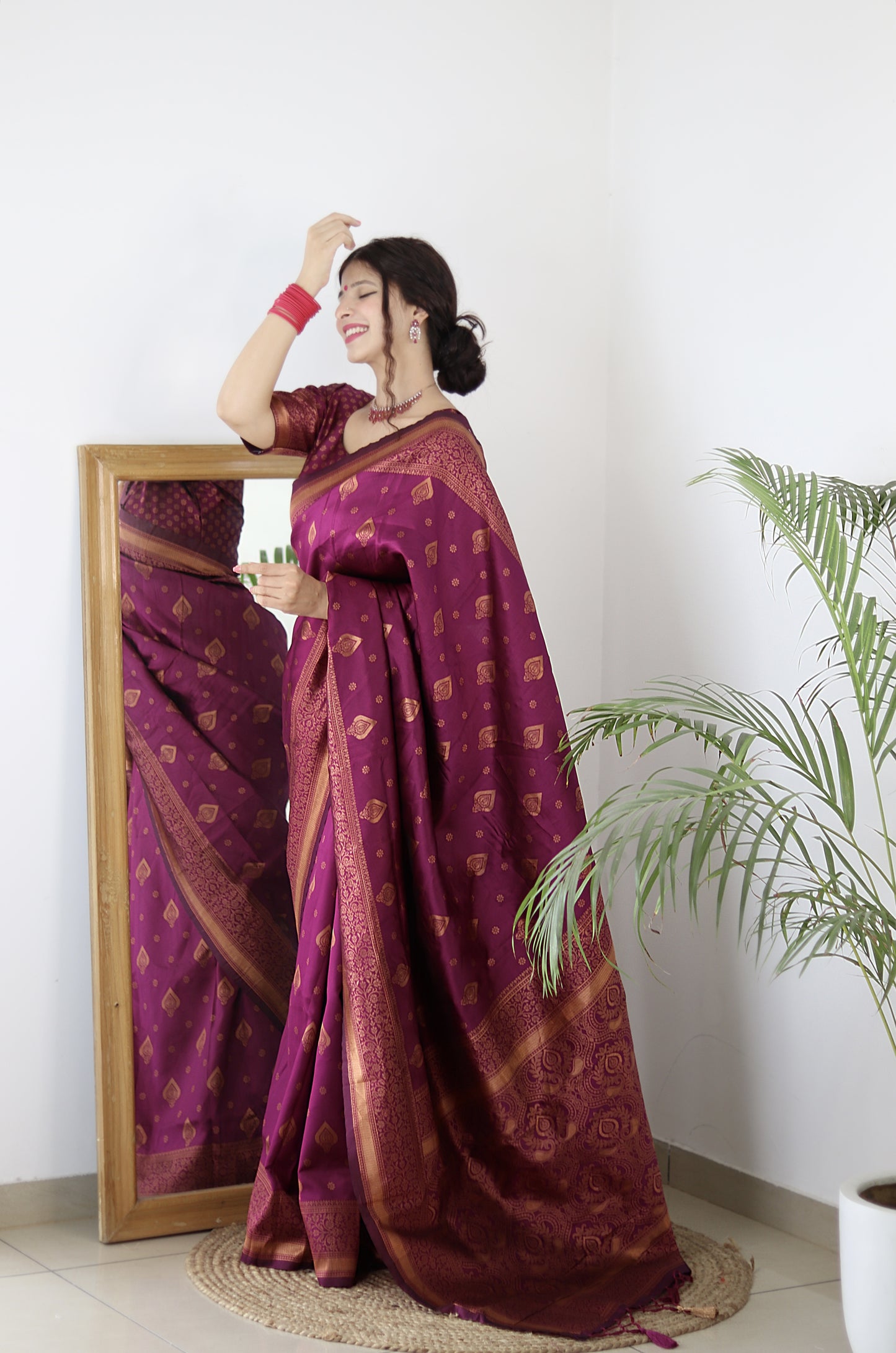 wine Kanjivaram Pure Soft Semi Silk Saree With Unstiched Attractive Blouse Piece