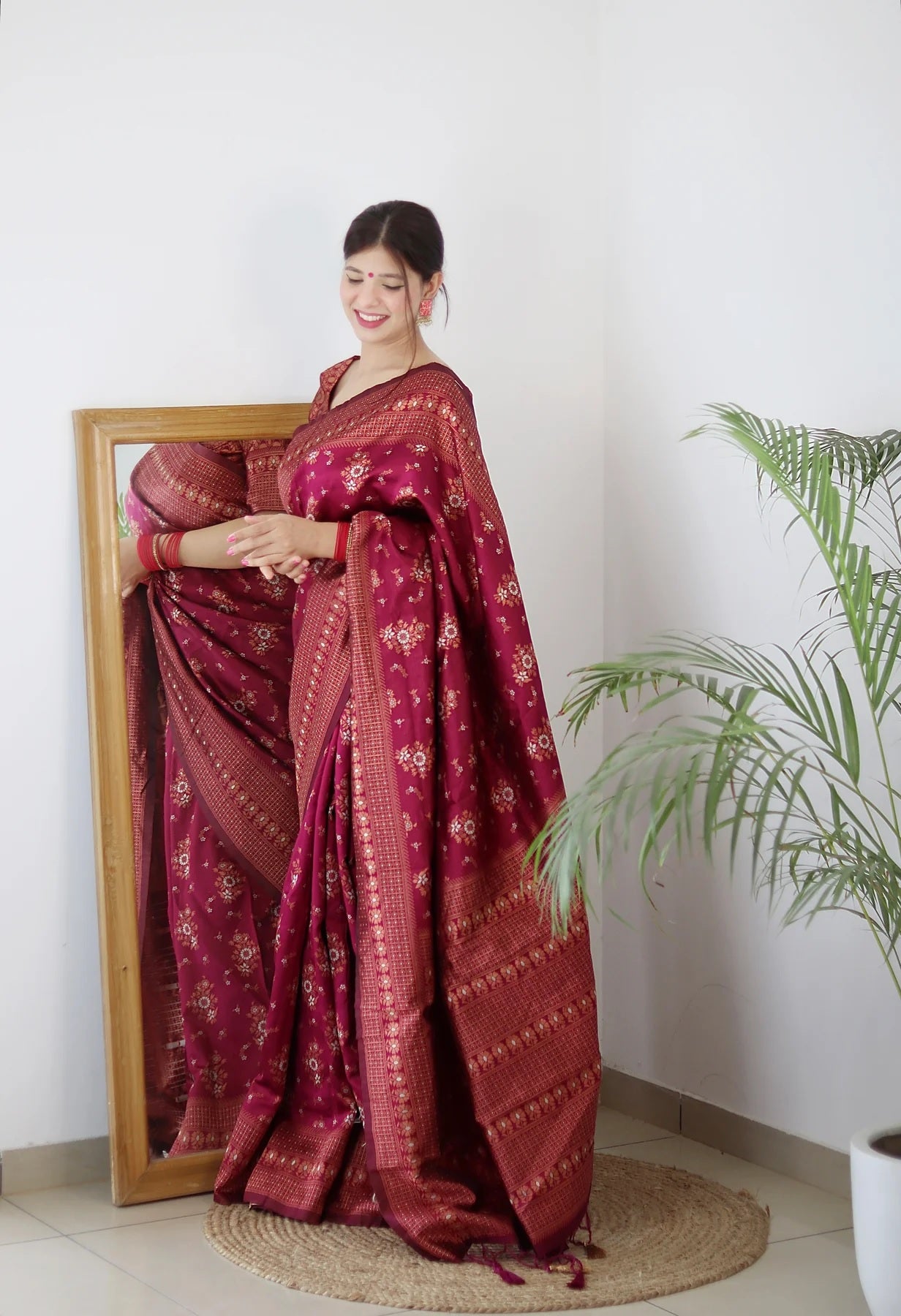 Wine Kanjivaram Pure Soft Semi Silk Saree With Unstiched Attractive Blouse Piece